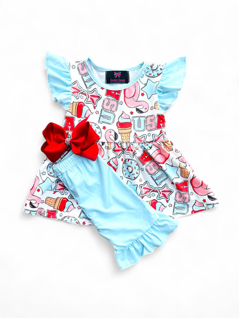Girls Patriotic USA Treats Shorts Set with Matching Bow - Bowtism